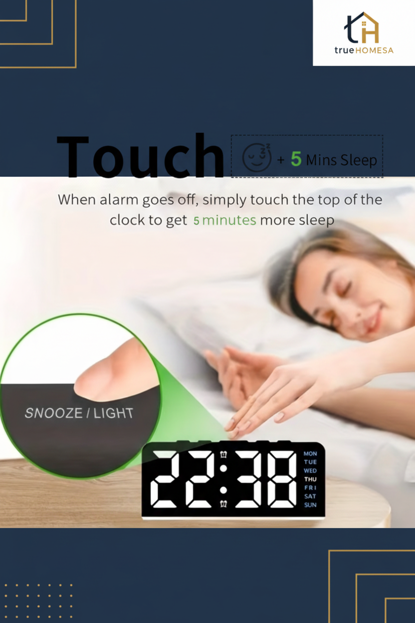 TrueHomeSA Digital Clock - Touch Snooze Navy & Gold