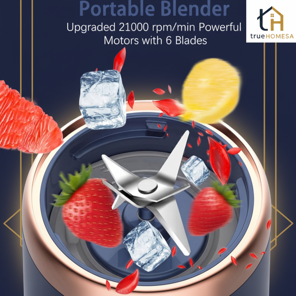 TrueHomeSA Portable Blender - 6 Blades Navy & Gold